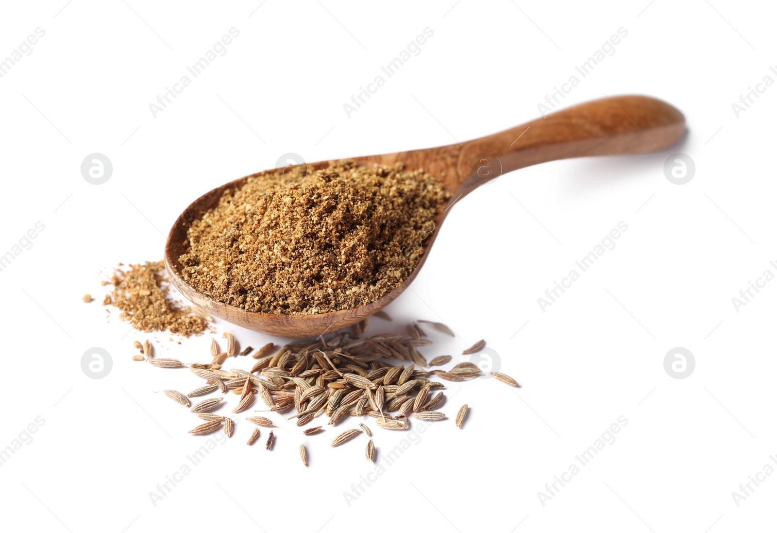 Photo of Spoon of aromatic caraway (Persian cumin) powder isolated on white