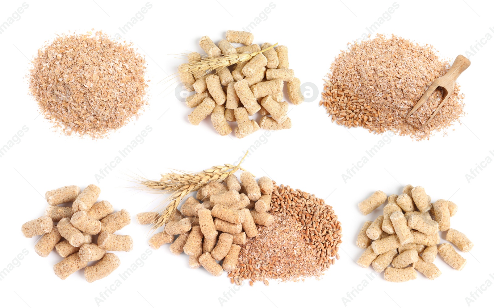 Image of Set with wheat bran on white background, top view