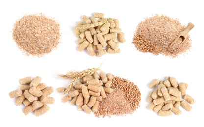 Set with wheat bran on white background, top view