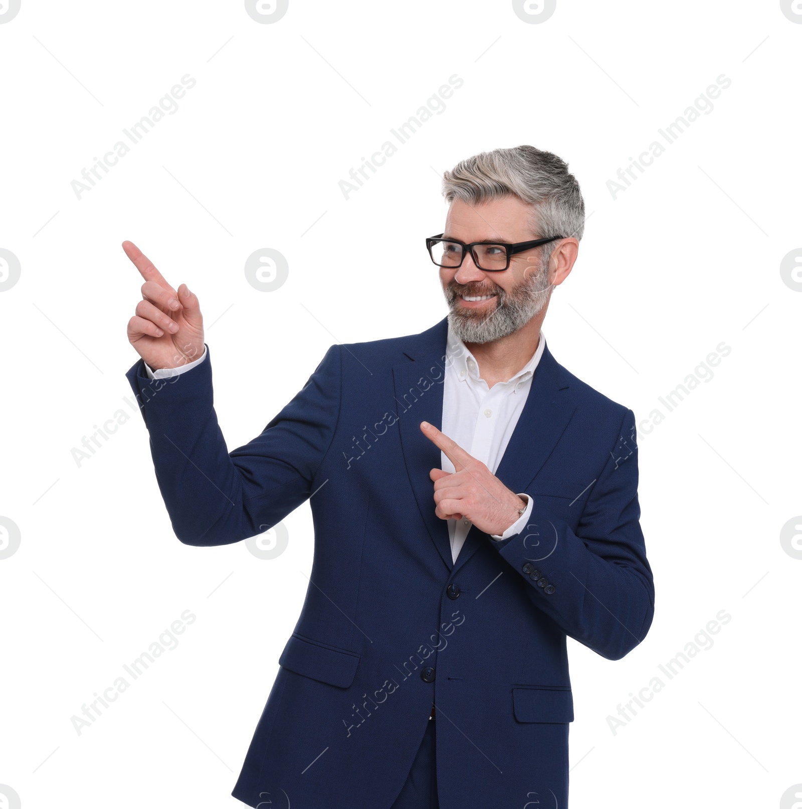 Photo of Mature businessman in stylish clothes posing on white background