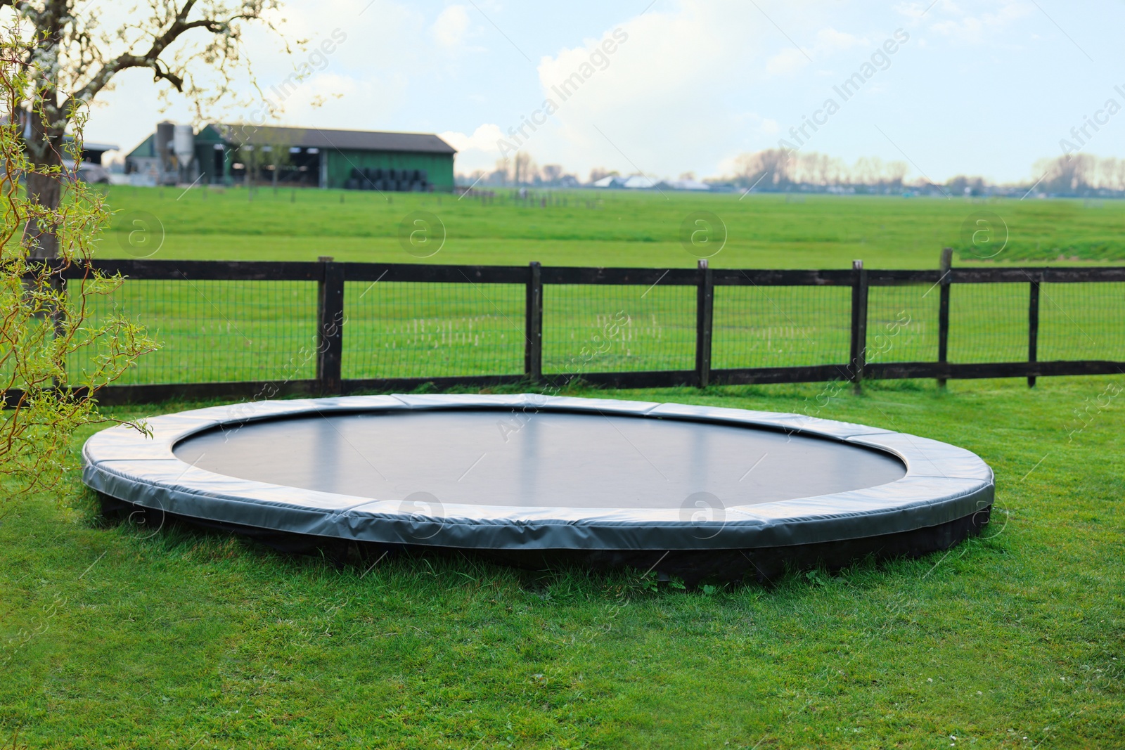 Photo of Spacious backyard with trampoline and wooden fence in early morning