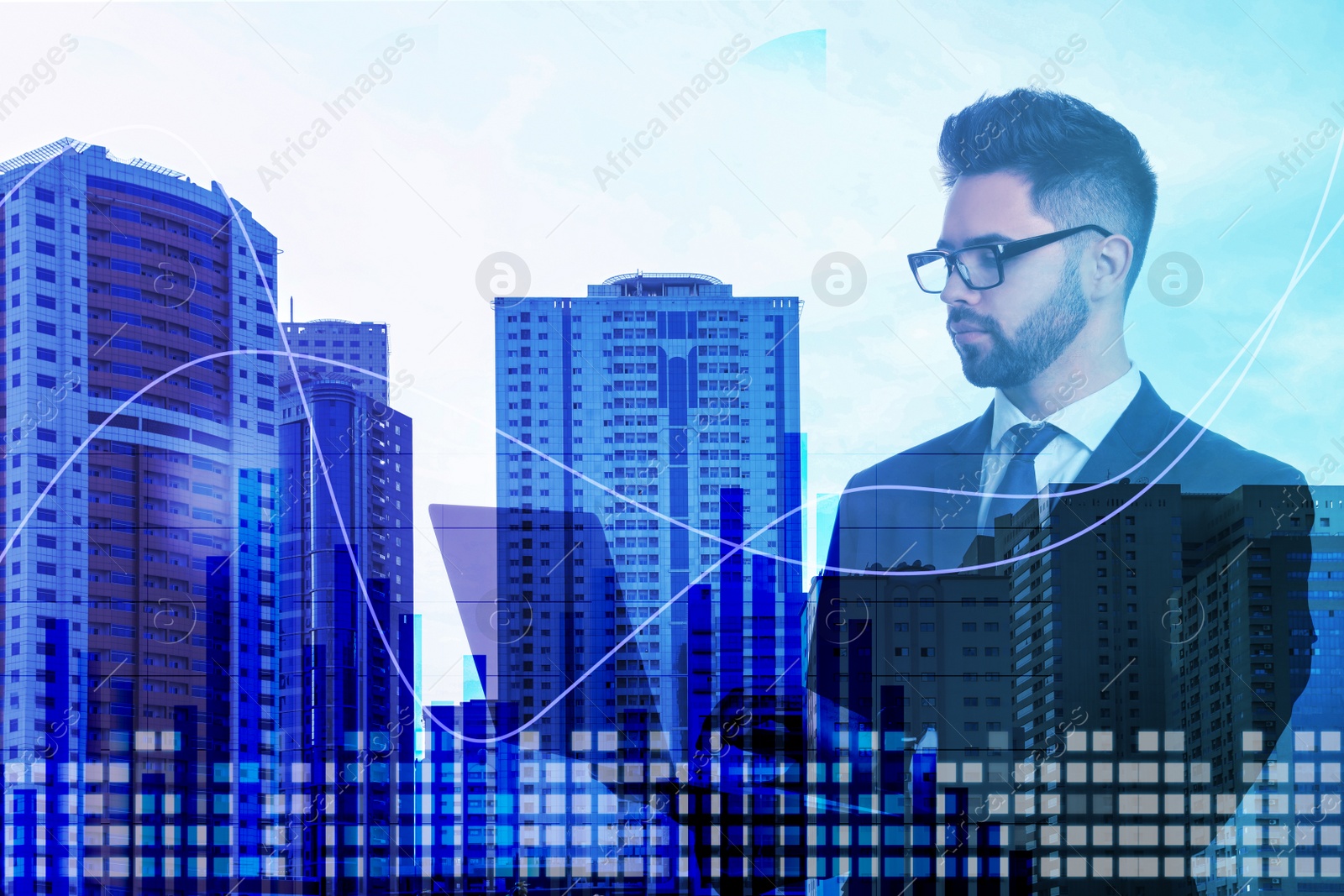 Image of Multiple exposure of businessman, graph and cityscape