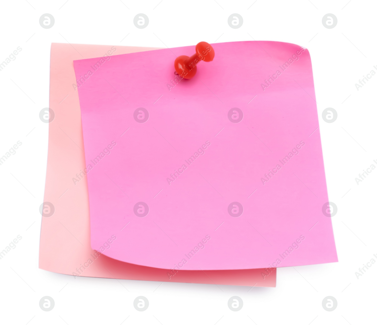 Photo of Blank pink notes pinned on white background, top view