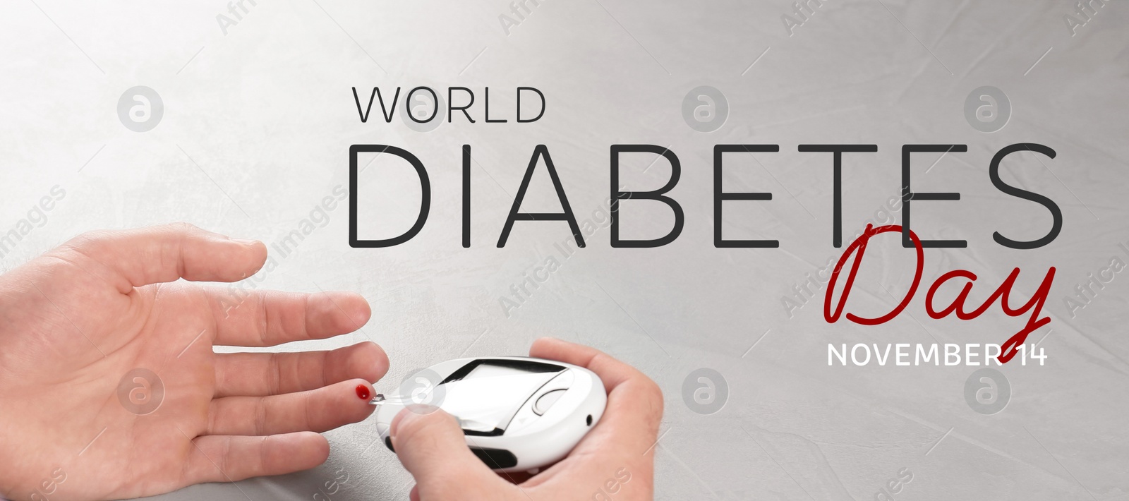 Image of World Diabetes Day. Man checking blood sugar level with digital glucometer at grey table, closeup. Banner design