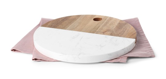 Photo of Cutting board and kitchen towel on white background