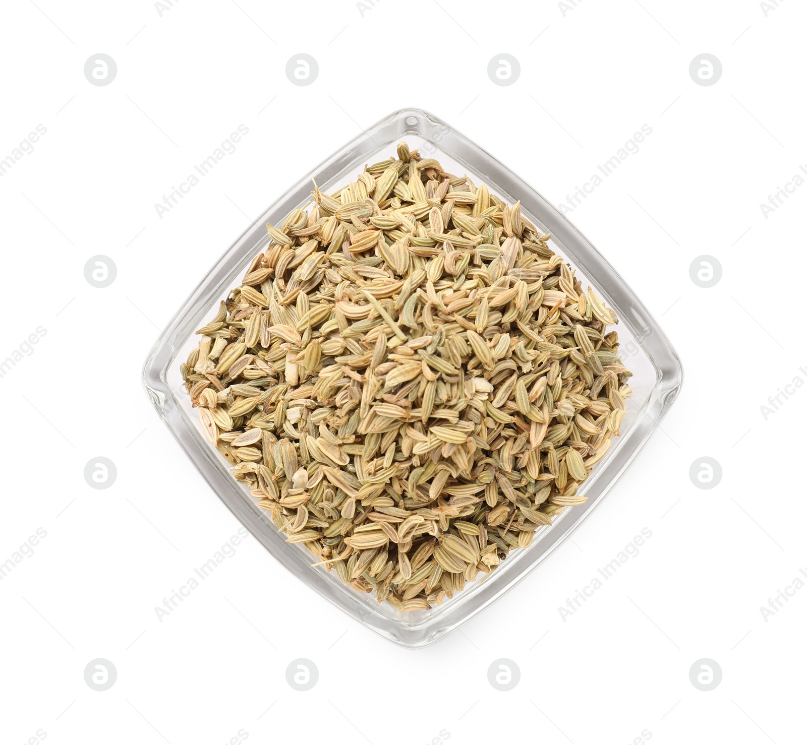 Photo of Dry fennel seeds in bowl isolated on white, top view