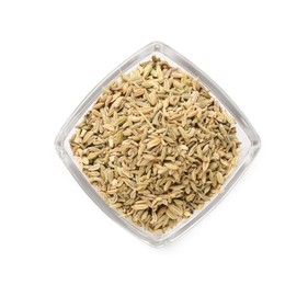 Dry fennel seeds in bowl isolated on white, top view