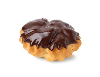 Photo of One delicious profiterole with chocolate spread isolated on white