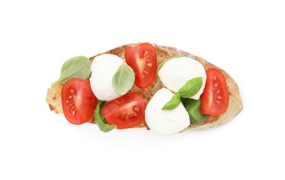 Delicious sandwich with mozzarella, fresh tomato and basil isolated on white, top view