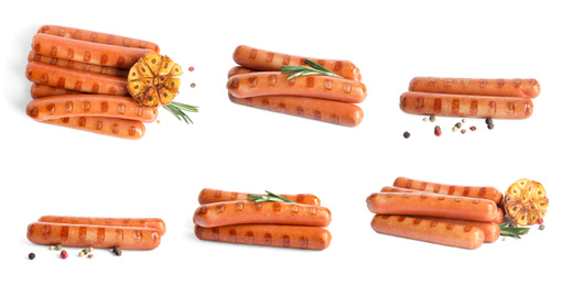 Image of Set of delicious grilled sausages on white background