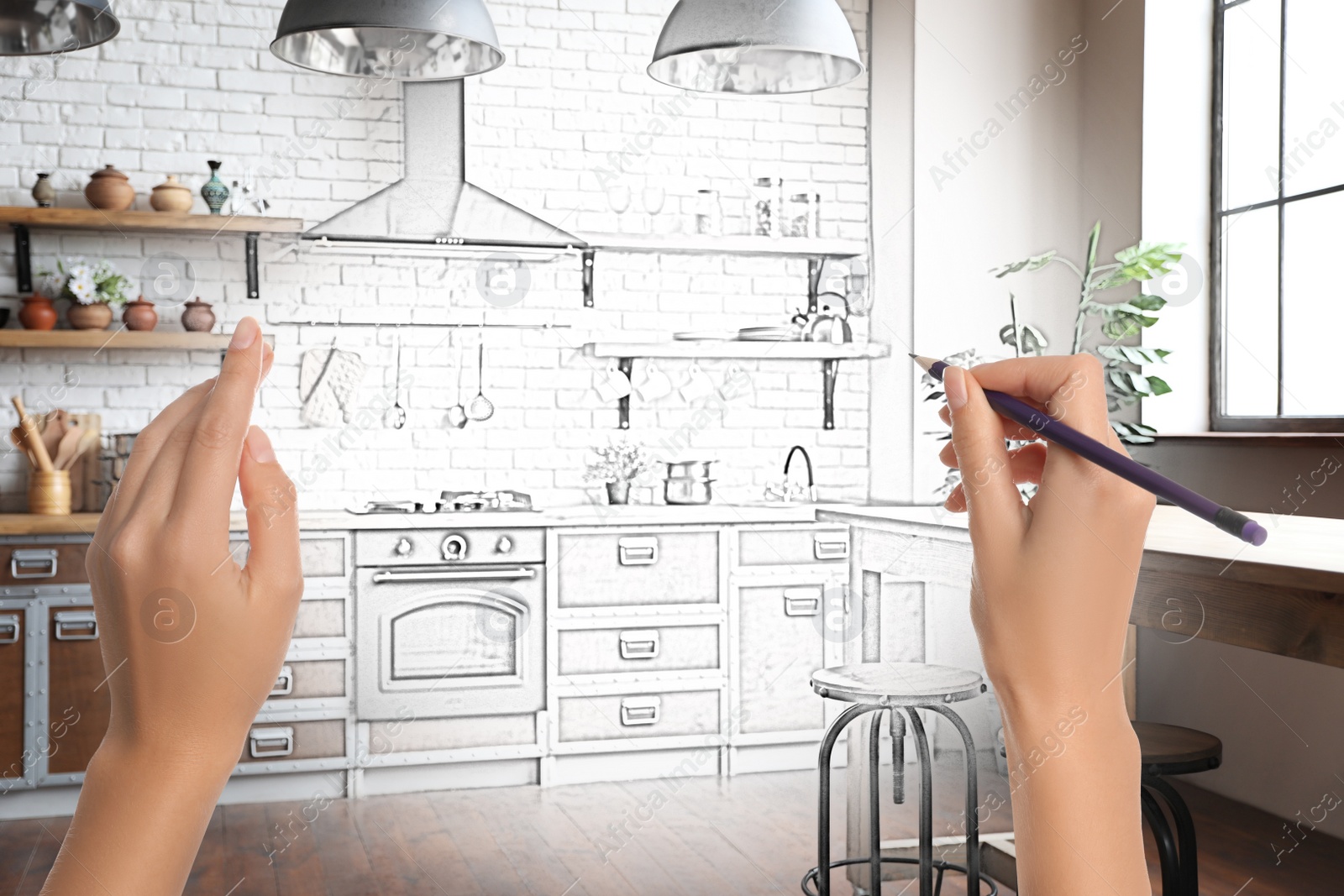 Image of Woman drawing kitchen interior design. Combination of photo and sketch