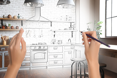 Image of Woman drawing kitchen interior design. Combination of photo and sketch