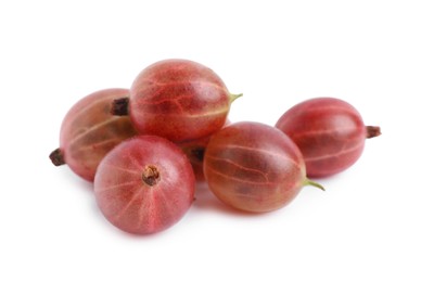 Pile of fresh ripe gooseberries on white background