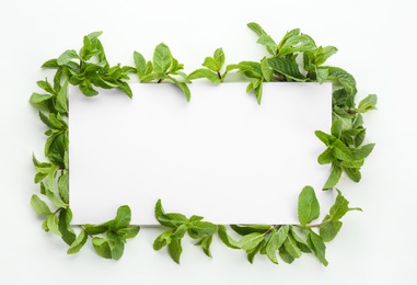 Blank card and fresh mint leaves on white background