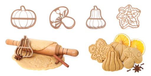 Image of Set with different tasty cookies, cutters and spices on white background, top view. Banner design