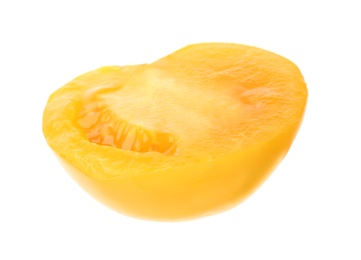 Photo of Slice of yellow tomato on white background