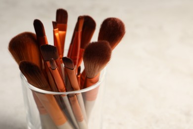 Photo of Set of professional makeup brushes on light background, closeup. Space for text