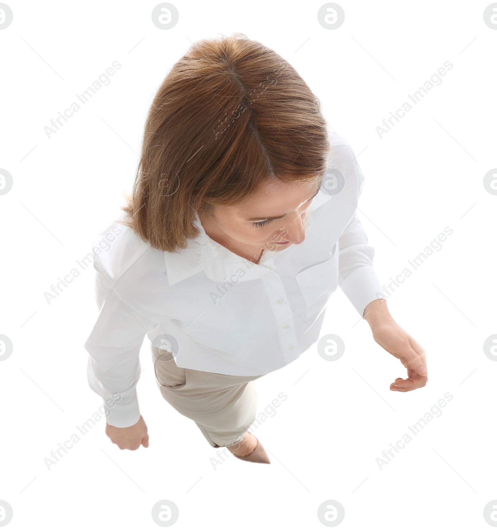 Photo of Young woman on white background, above view