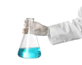 Photo of Scientist holding glass flask with liquid on white background. Chemical research