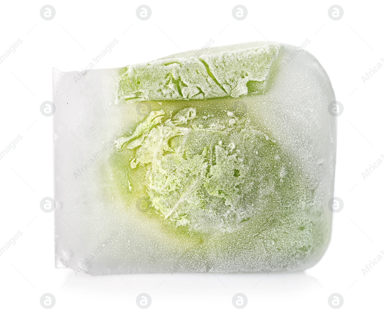 Photo of Brussels sprouts in ice cube on white background. Frozen vegetables