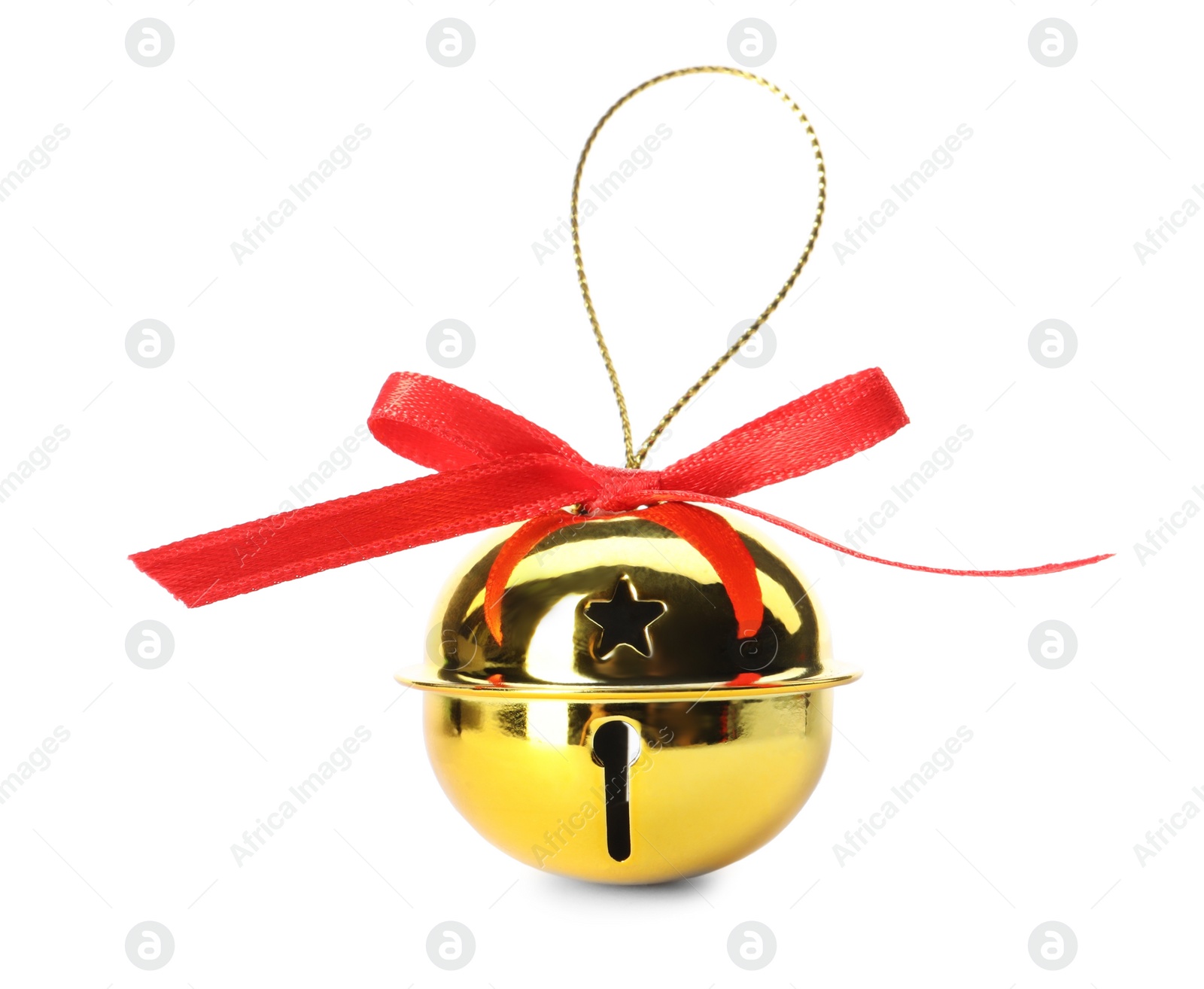 Photo of Shiny golden sleigh bell with ribbon isolated on white