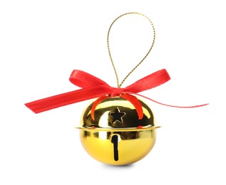 Shiny golden sleigh bell with ribbon isolated on white