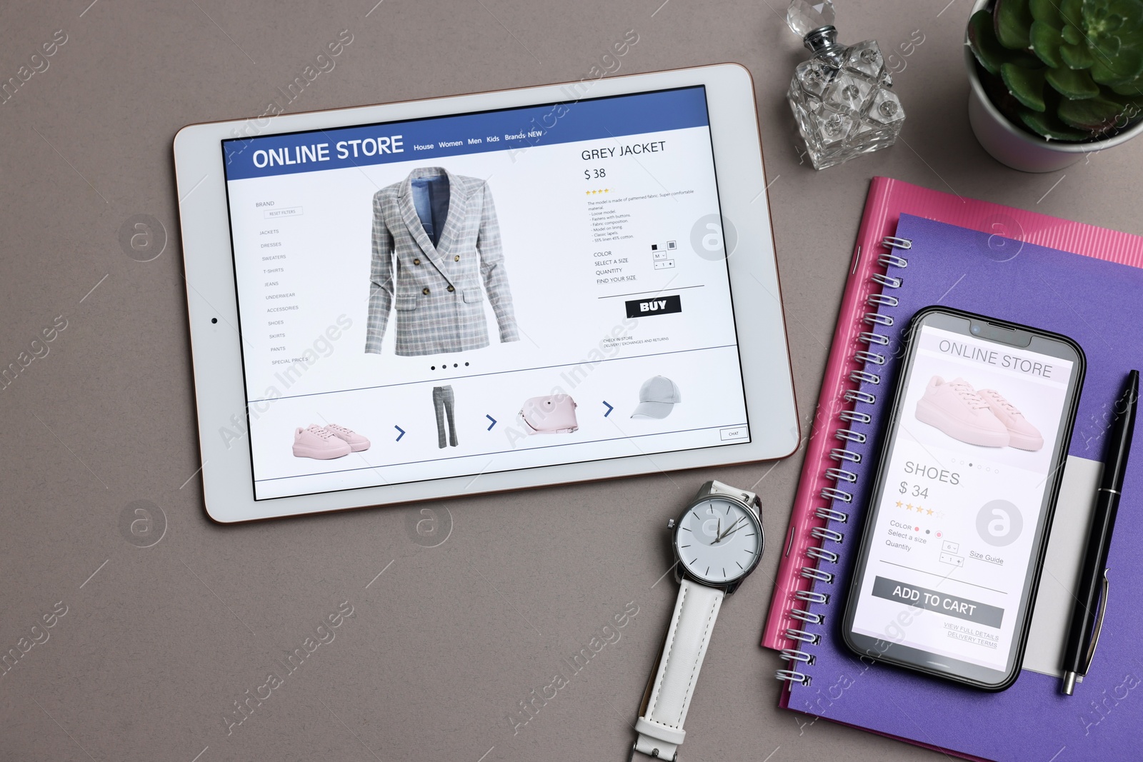 Photo of Online shopping. Flat lay composition with modern tablet and smartphone on grey background