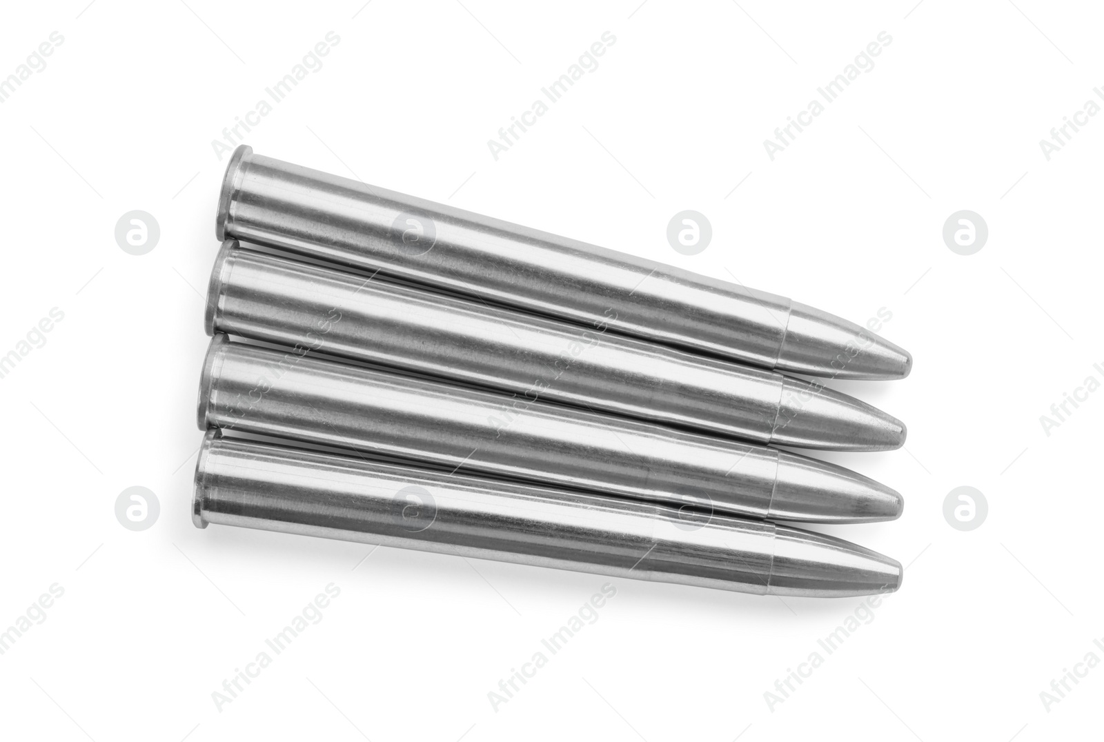 Photo of Metal bullets isolated on white, top view. Military ammunition