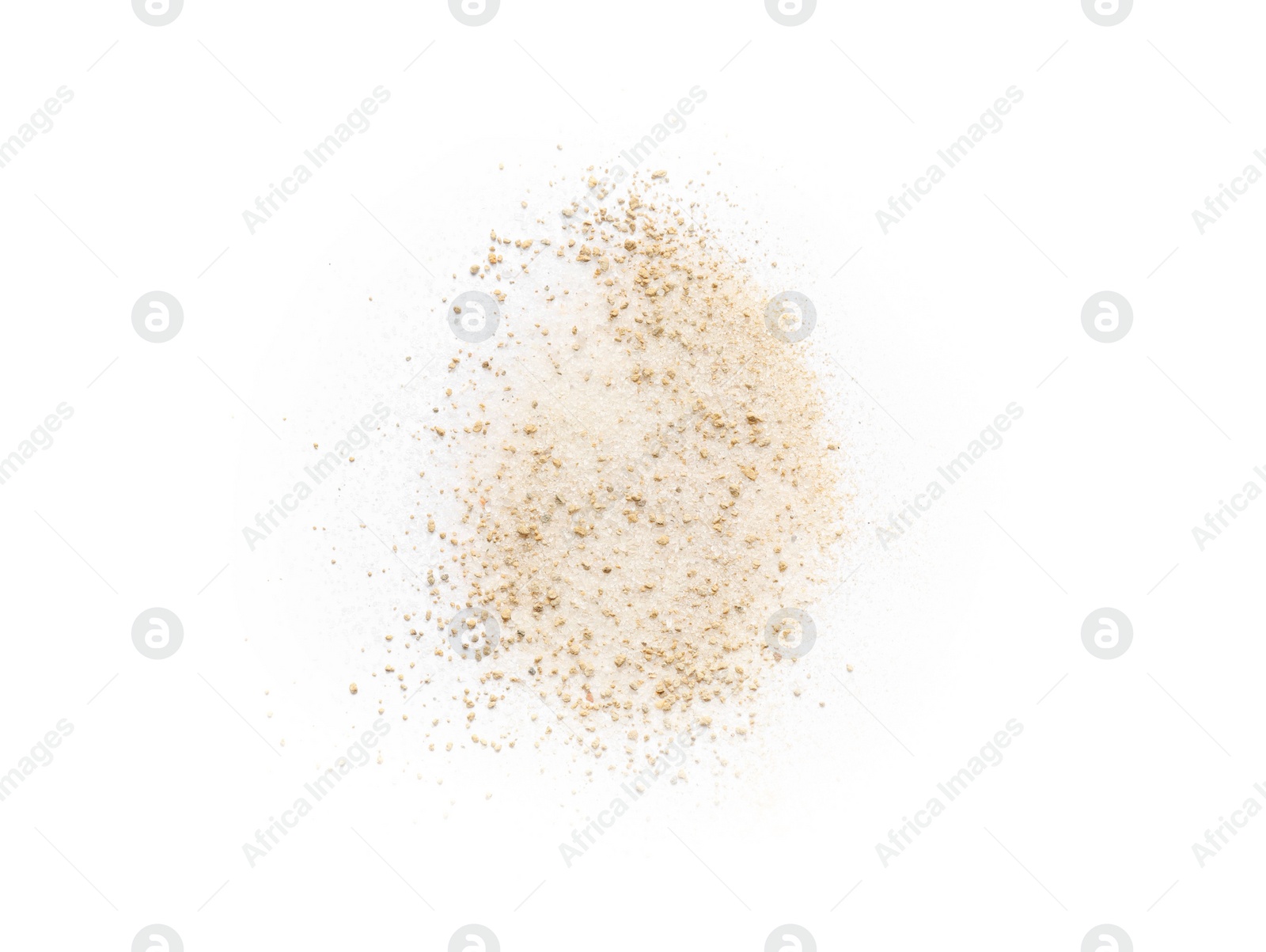 Photo of Pile of brown dust scattered on white background, top view