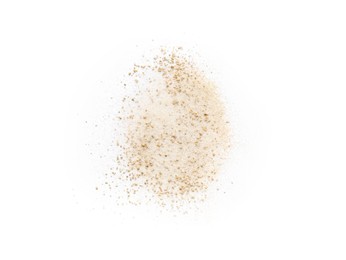 Photo of Pile of brown dust scattered on white background, top view