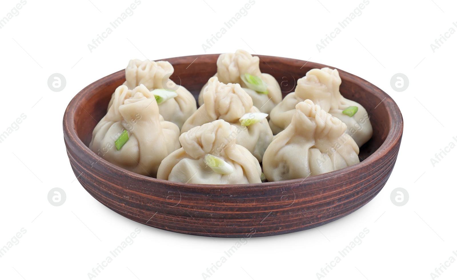 Photo of Tasty fresh khinkali (dumplings) with onion isolated on white. Georgian cuisine