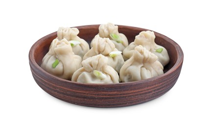 Photo of Tasty fresh khinkali (dumplings) with onion isolated on white. Georgian cuisine