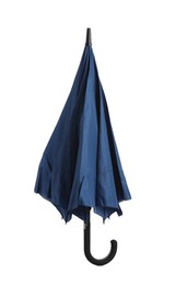 Photo of Stylish closed blue umbrella isolated on white