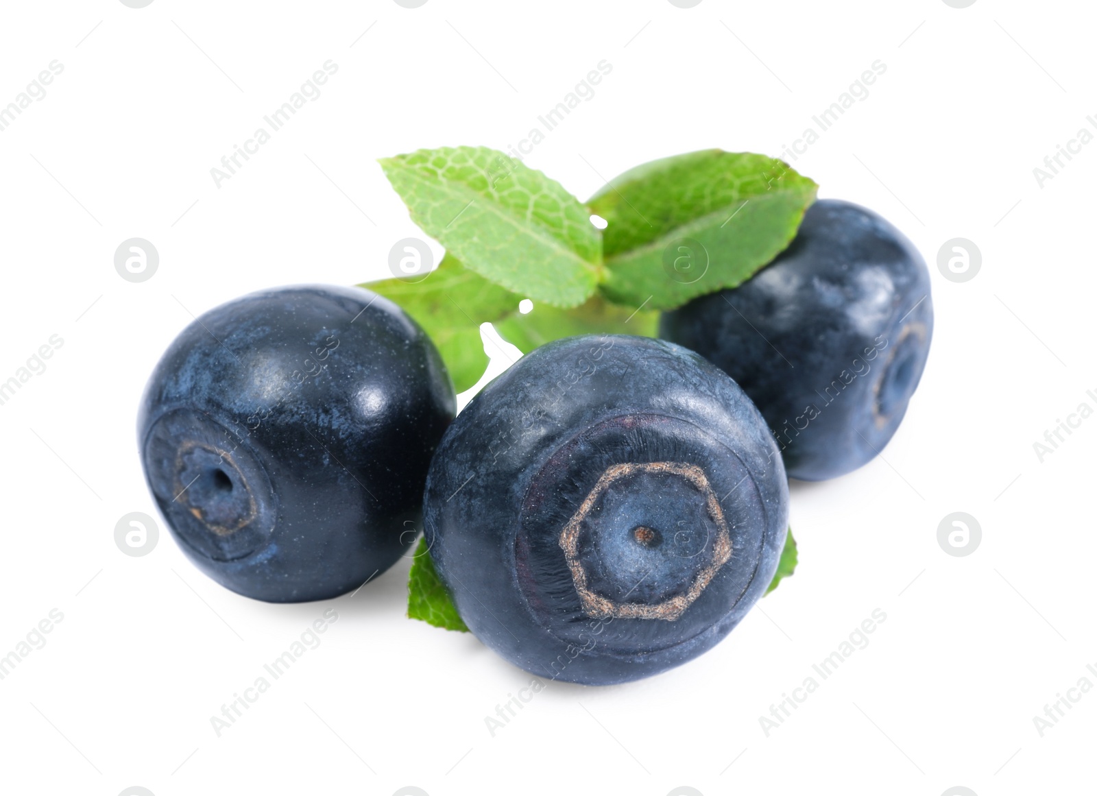 Photo of Tasty ripe bilberries and green leaves isolated on white