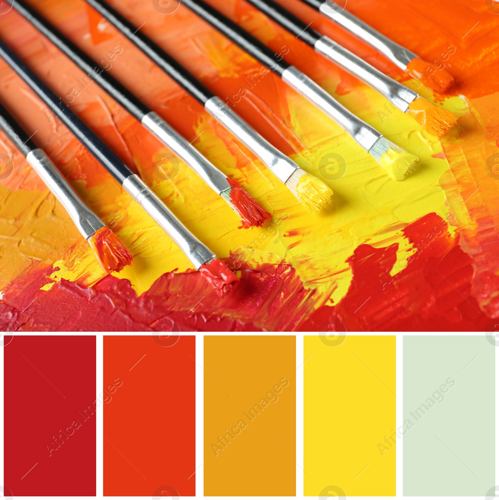 Image of Palette of autumn colors and different brushes with bright paints, closeup