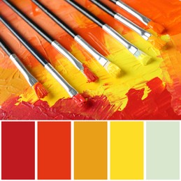Image of Palette of autumn colors and different brushes with bright paints, closeup