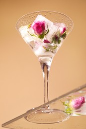 Photo of Ice cubes with frozen flowers in martini glass on table against beige background, low angle view