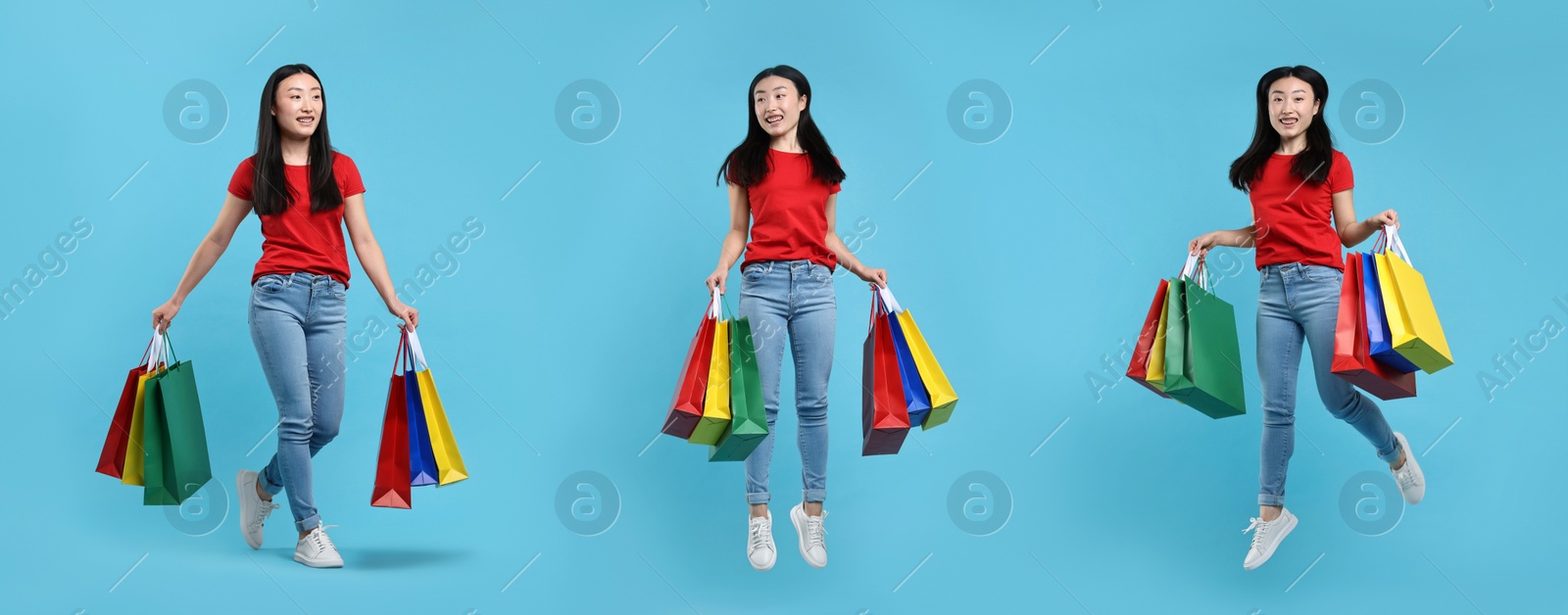 Image of Woman with shopping bags on light blue background, set with photos