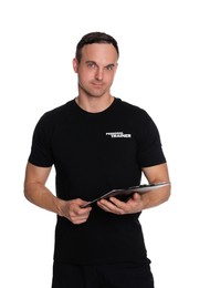 Personal trainer with clipboard on white background. Gym instructor