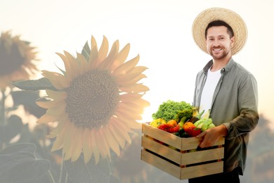 Image of Double exposure of happy farmer and sunflower field. Space for text