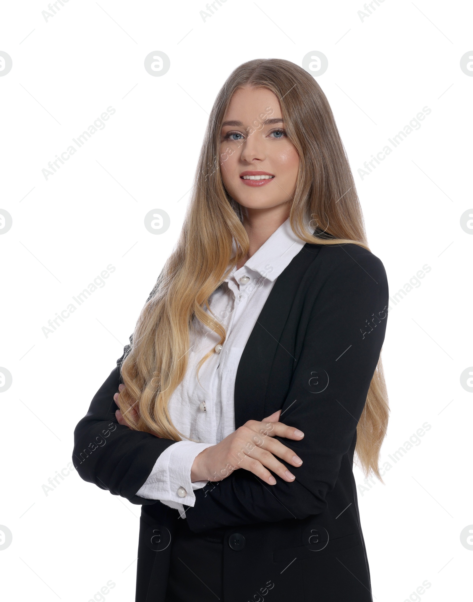 Photo of Portrait of young hostess in uniform on white background