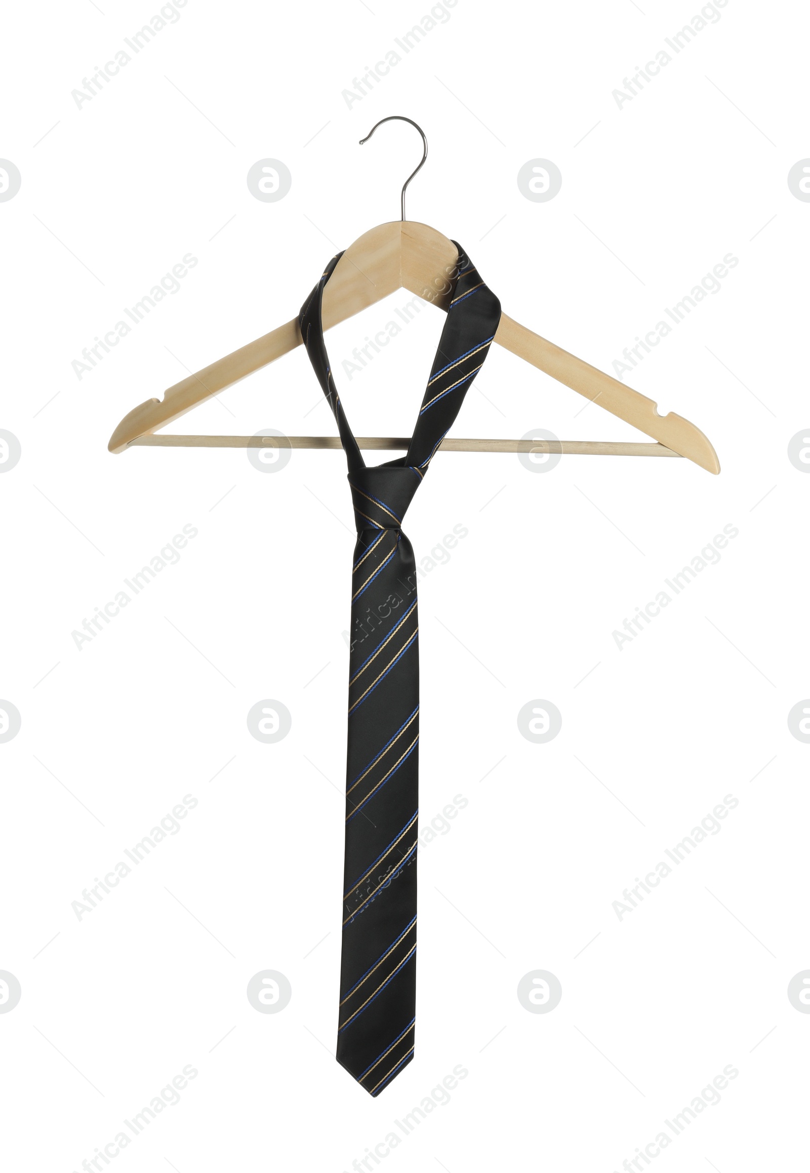 Photo of Hanger with striped necktie isolated on white