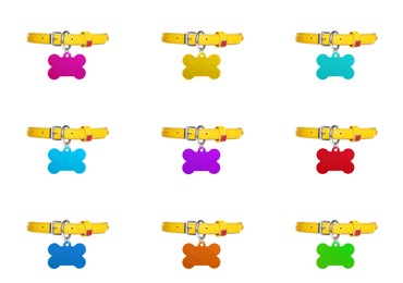 Image of Set with dog collars with multicolor bone shaped tags on white background