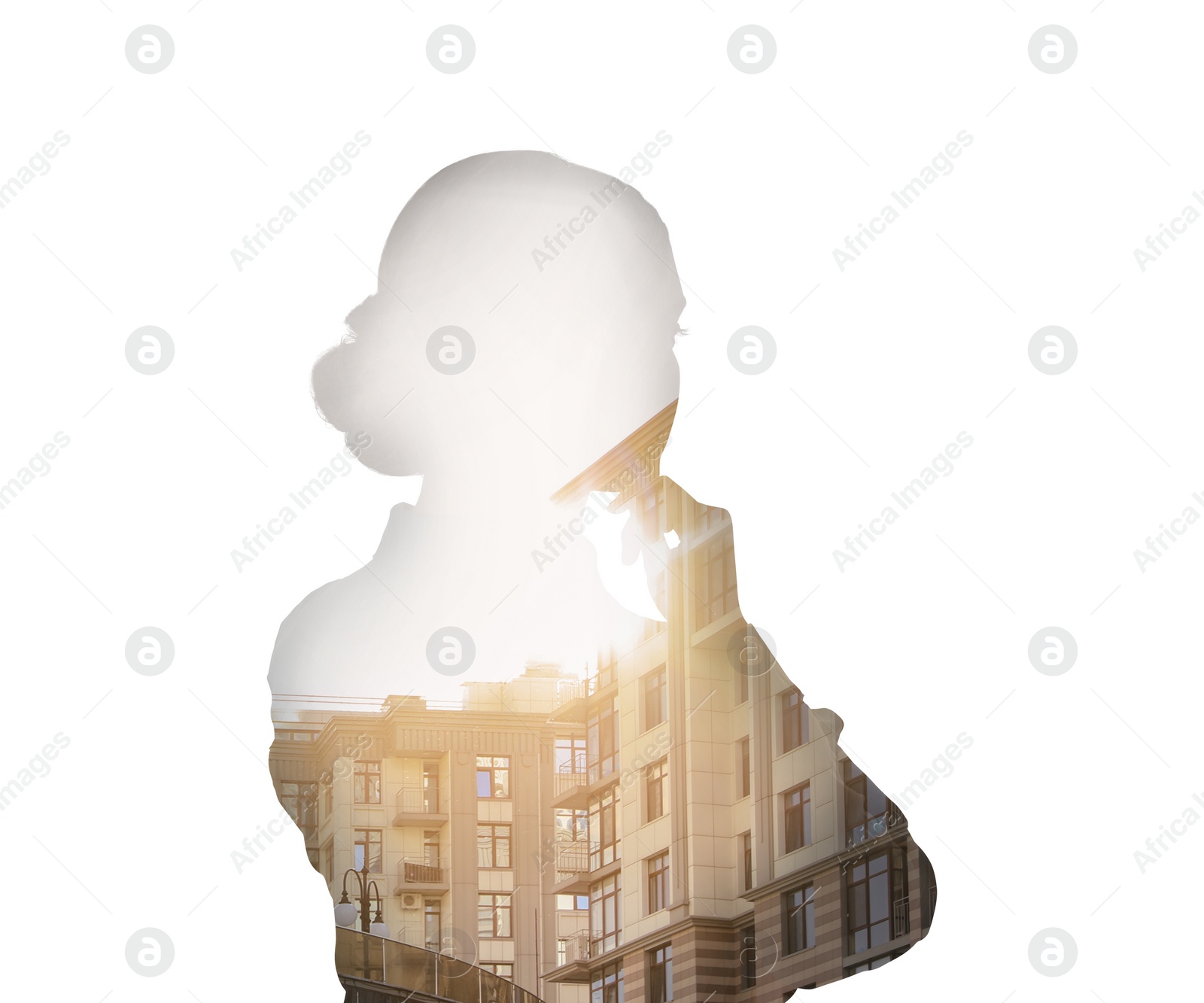 Image of Double exposure of businesswoman and office building