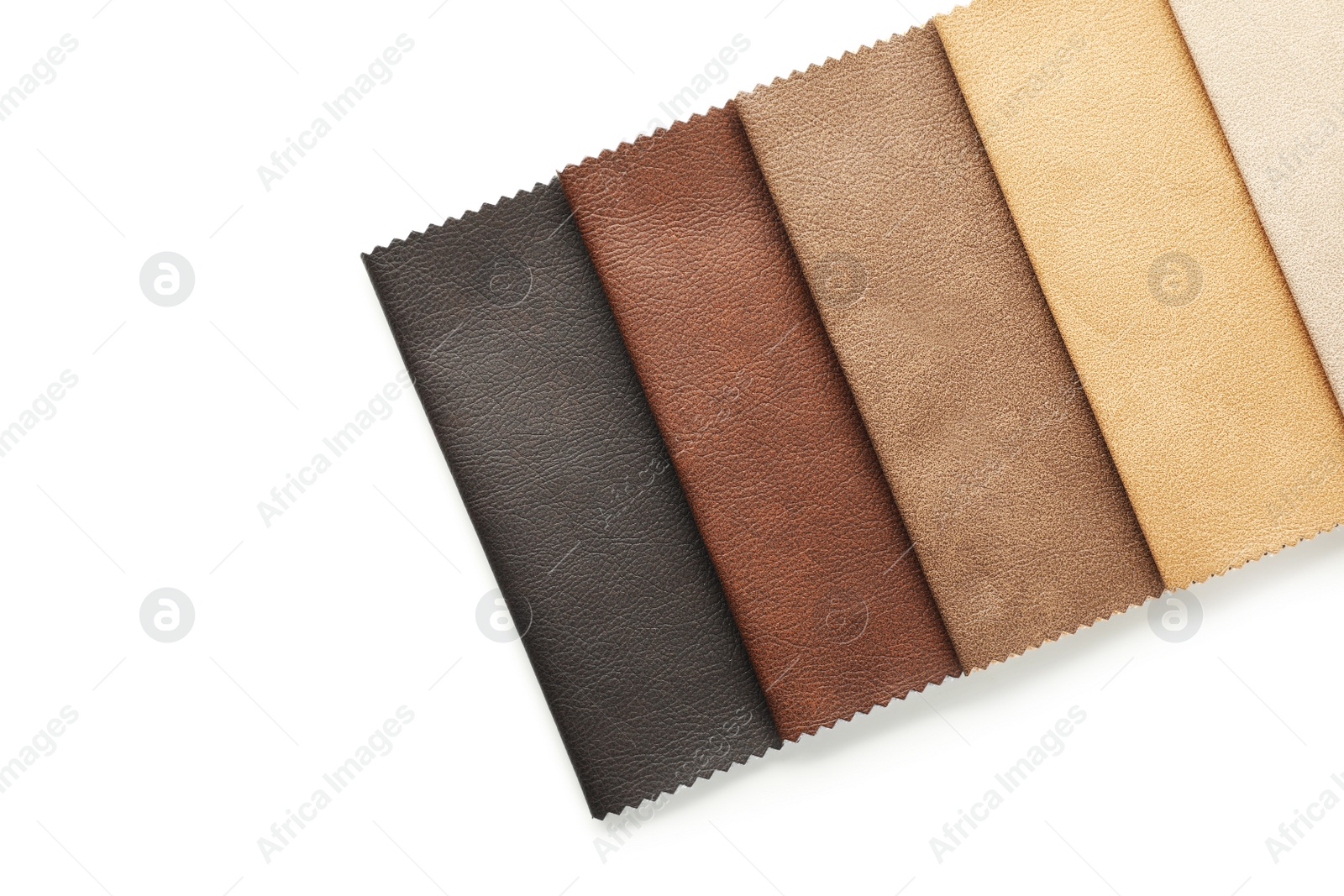 Photo of Leather samples of different colors for interior design on white background