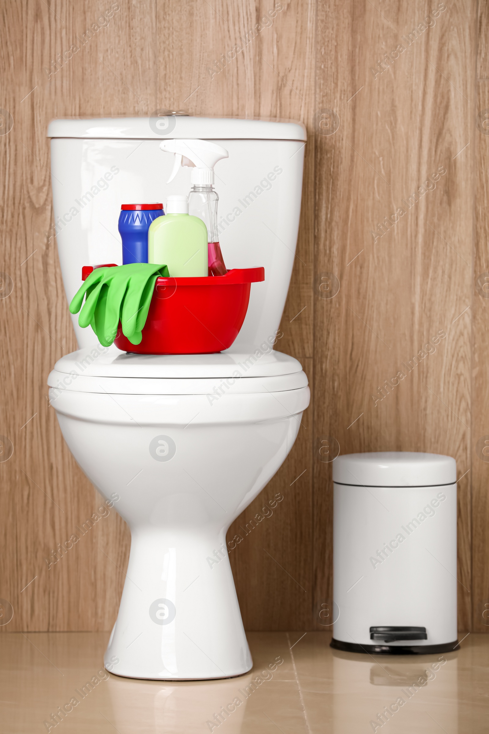 Photo of Different cleaning supplies on toilet bowl indoors