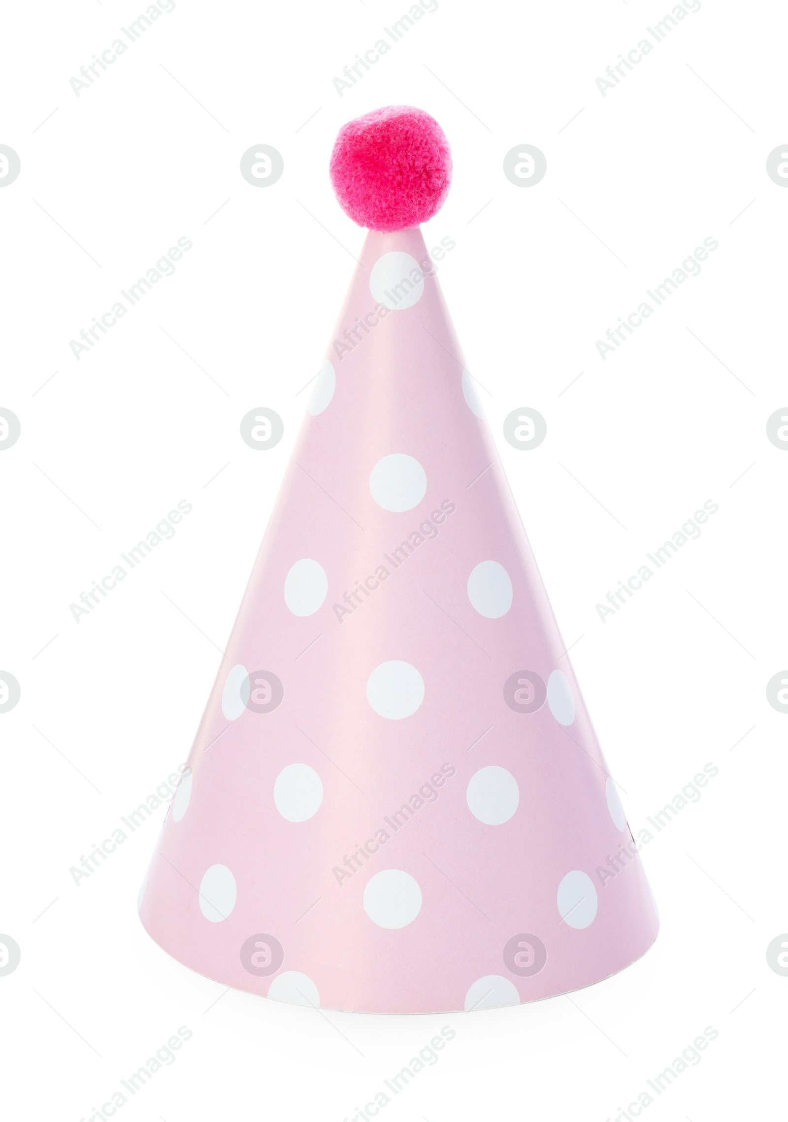 Photo of One pink party hat with pompom isolated on white