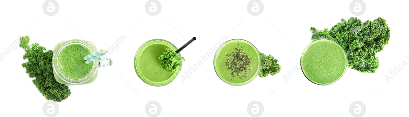 Image of Set of tasty fresh kale smoothie on white background. top view. Banner design 