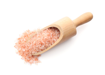 Wooden scoop with pink himalayan salt isolated on white, top view