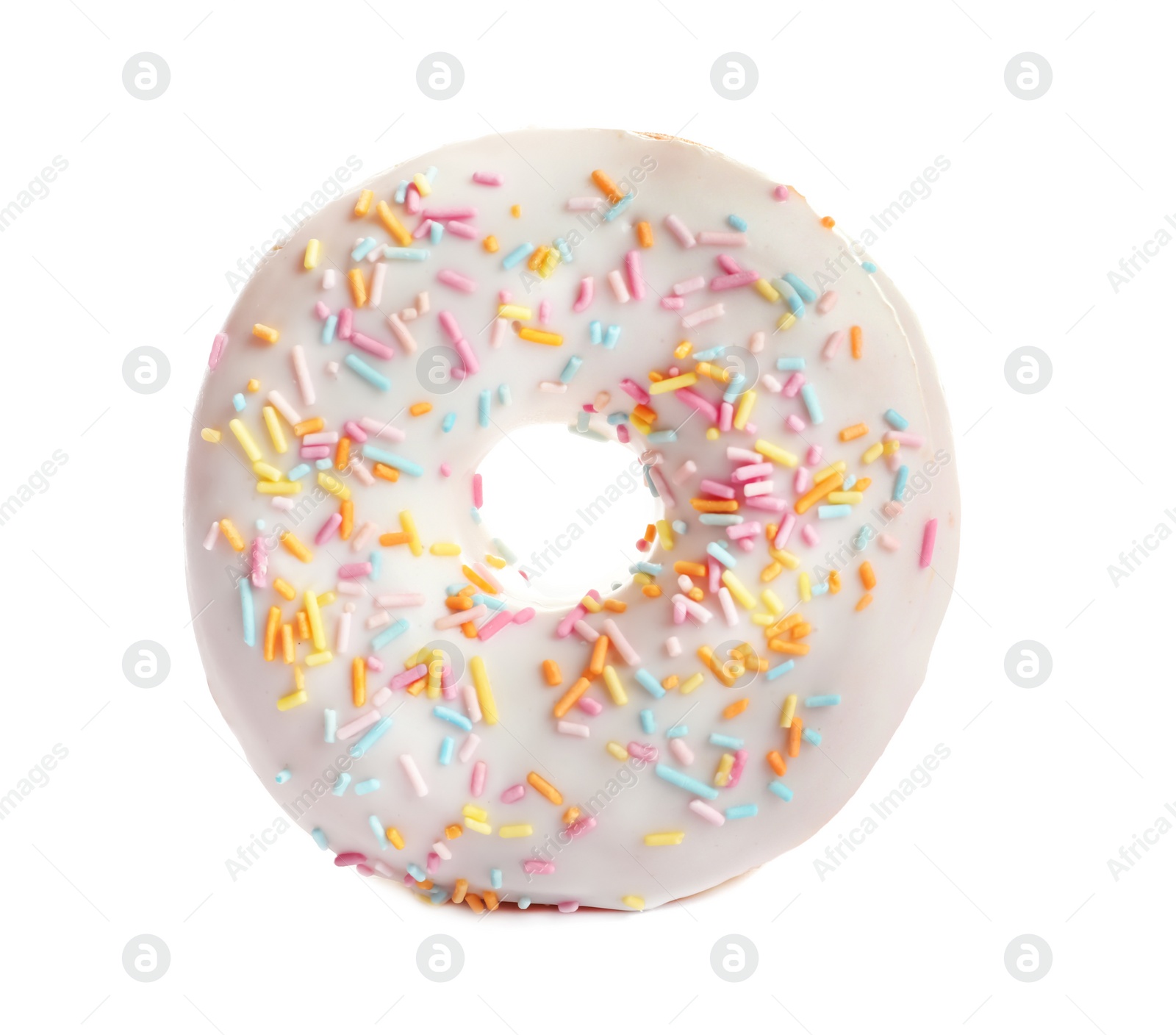 Photo of Delicious glazed doughnut with sprinkles on white background